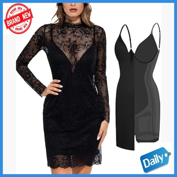 Long Sleeve Lace Shapewear Dress with Built-in Bra Formal Mini Bodycon